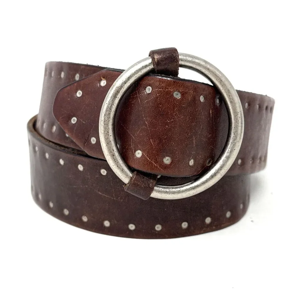 J Crew Rivet Adjustable O Ring Belt Womens S/M Brown VTG Wide Studs Leather